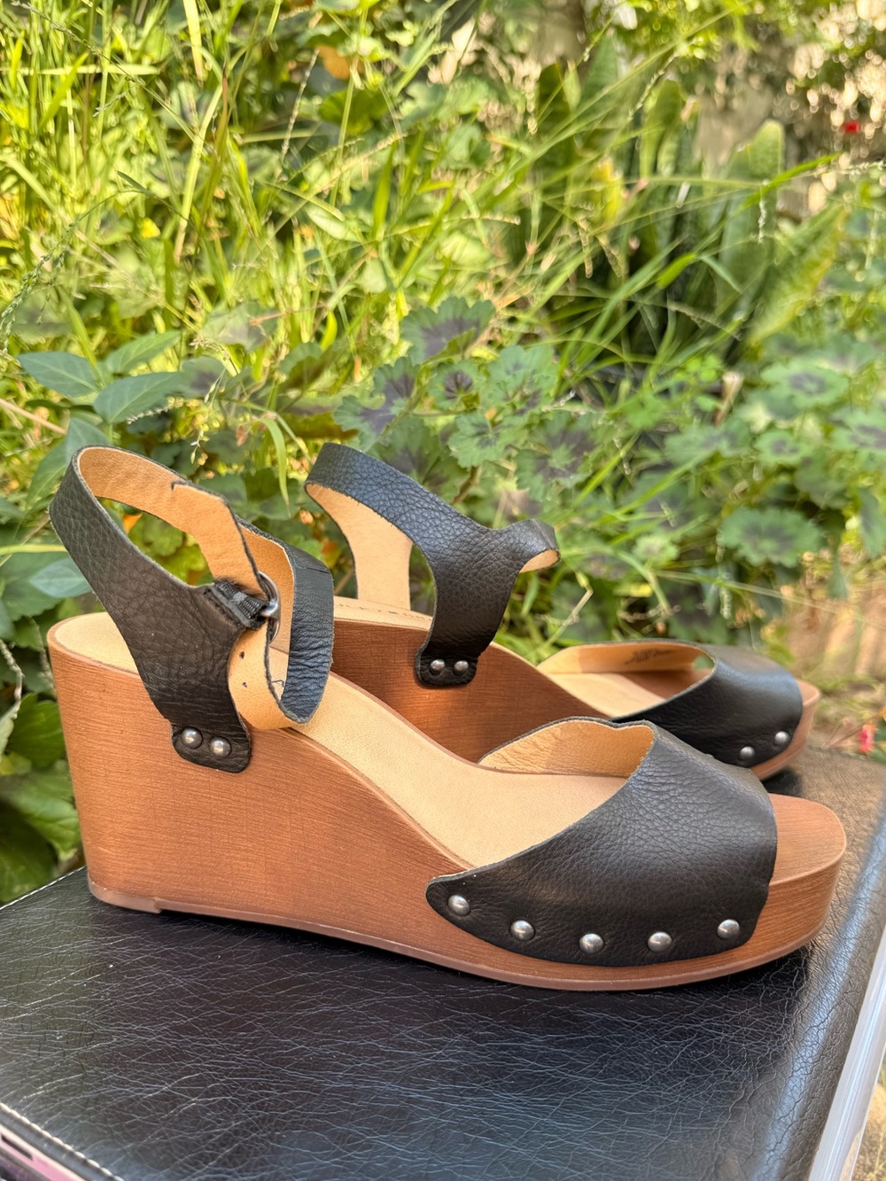 Black Studded Leather Wedge Sandals with Wood-Style Platform